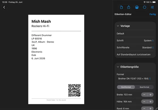 Vinylist auf dem iPad – Etiketten-Editor