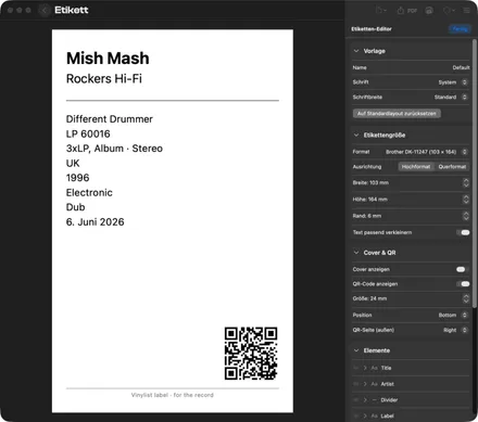 Vinylist auf dem Mac – Etiketten-Editor